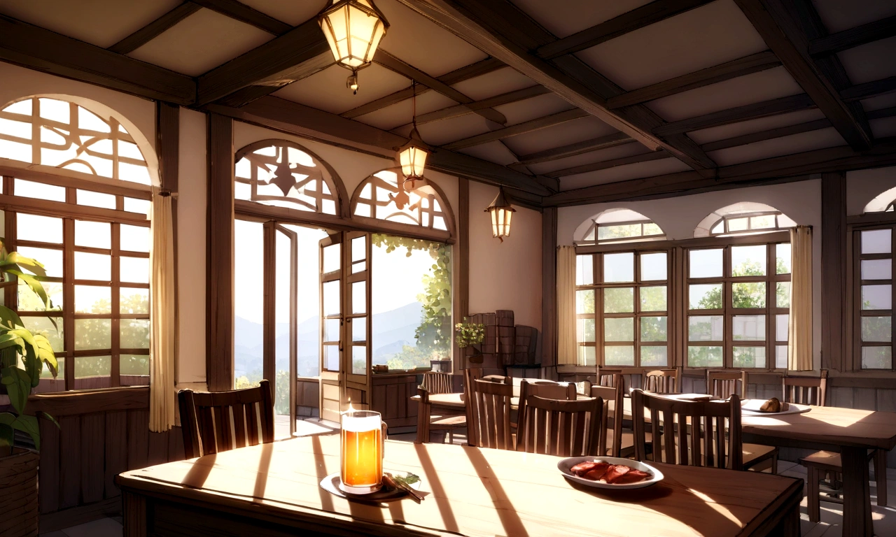 ((((masterpiece, Best Quality, High resolution)))), High detail, manga,anime,Illustrated style,Use of bright colors,Color scheme reminiscent of a daytime scene from a Ghibli studio, Medieval European fantasy worldview, long square dining table,White tablecloth, In the center of the screen, a large selection of food is displayed on a table.,A sumptuous dinner on the table,wine,Beer ,Meat dishes,The evening sunlight is streaming in through the window、A sparkling drink in the sunlight, No humans, RPG-like scenery, テーブルの上にはBeer やwineや美味しそうな食べ物が載せられている, Create a magical and cozy atmosphere, Bright daytime atmosphere.