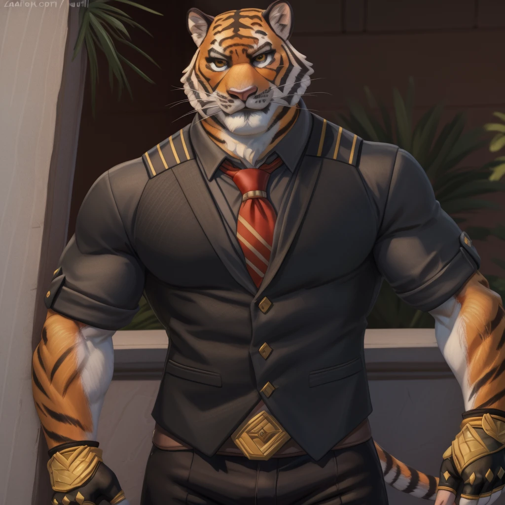 oscarfn, yellow eyes, muscular, looking at viewer, tiger tail,(pinup), (pose), (soft shading), 4k, hi res, ((detailed face, detailed)), by zackarry911, by zaush, (by personalami:0.5), looking at viewer, smile, shirt, gloves, 1boy, male focus, necktie, black gloves, collared shirt, pants, fingerless gloves, orange eyes, black shirt, black pants, red necktie, sleeves rolled up, bulge, pulled by self, partially unbuttoned, pectoral cleavage, between pectorals