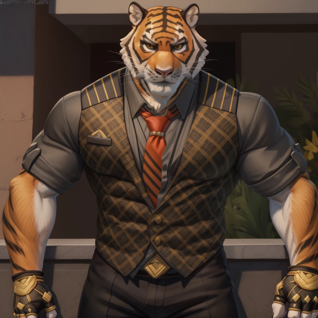 oscarfn, yellow eyes, muscular, looking at viewer, tiger tail,(pinup), (pose), (soft shading), 4k, hi res, ((detailed face, detailed)), by zackarry911, by zaush, (by personalami:0.5), looking at viewer, smile, shirt, gloves, 1boy, male focus, necktie, black gloves, collared shirt, pants, fingerless gloves, orange eyes, black shirt, black pants, red necktie, sleeves rolled up, bulge, pulled by self, partially unbuttoned, pectoral cleavage, between pectorals