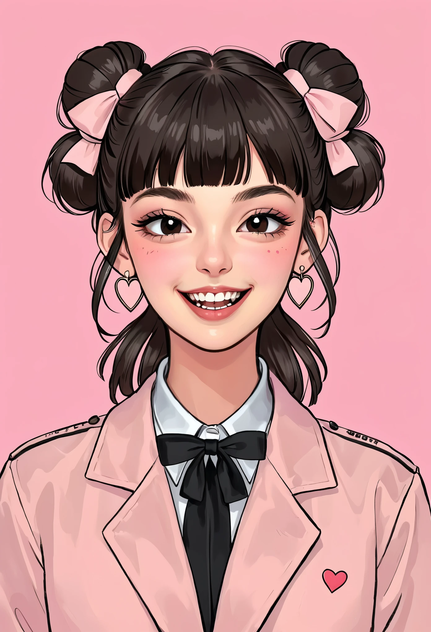 1girl,artist name,bangs,black ribbon,blunt bangs,blush,collared shirt,double bun,earrings,eyebrows visible through hair,hair bun,hair ornament,heart,jacket,jewelry,long hair,looking at viewer,one eye closed,open mouth,pink background,portrait,ribbon,shirt,simple background,smile,solo,star \(symbol\)