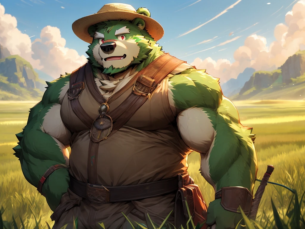 masterpiece, high quality, anime, detailed eyes, male jinpei, anthro, bear, Great physique, strong arms manly, (((green bear))), (((green fur))), green hair, beard, white eyebrows, bald, detailed red eyes, tall, Joyful, by zixiong, epic composition, Realistic lighting, HD details, Best Quality, (extremely detailed CG unified 8k wallpaper), (masterpiece:1.2), (best quality:1.3), shallow_sunset, farming in the field, straw_hat, standing in the middle of rice field, yellow color, farmer,