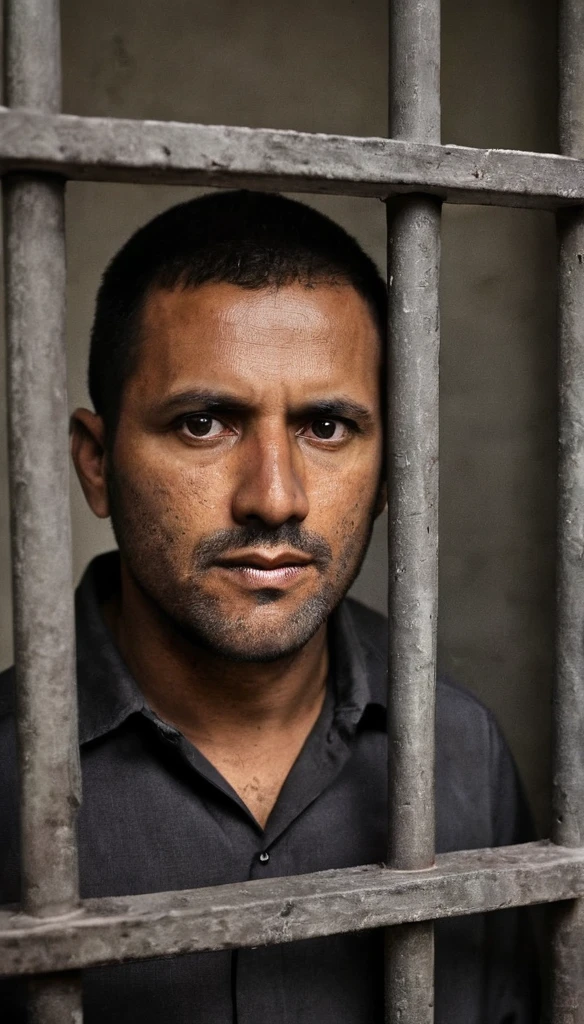 a man looks at the viewer from within his prison cell, metal bars, dramatic lighting