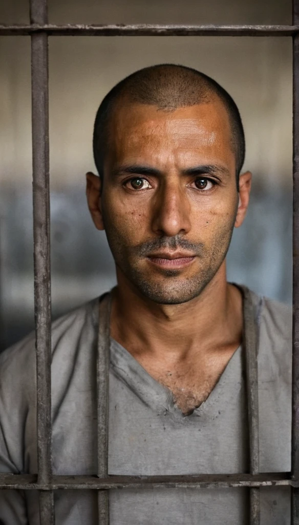 a man looks at the viewer from within his prison cell, metal bars, dramatic lighting