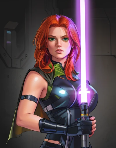 (best quality,8k:1.2,high resolution:1.2), dramatic pose, dynamic action, glowing lights, neon colors, cinematic lighting, photorealistic, 8k, best quality, masterpiece, ultra-detailed, physically-based rendering, ultra-detailed, vintage science fiction, Star Wars based environment, extremely detailed face, long eyelashes, a upper body shot of a woman (Mara Jade), long orange hair, bright green eyes, a determined look, smirking and stoic gaze. She's wearing a tight shiny black leather suit, tan cape, gloves, silver utility belt and high-heel boots. Her gaze is both alluring and fierce, as she holds the purple lightsaber with a delicate yet deadly grip.
