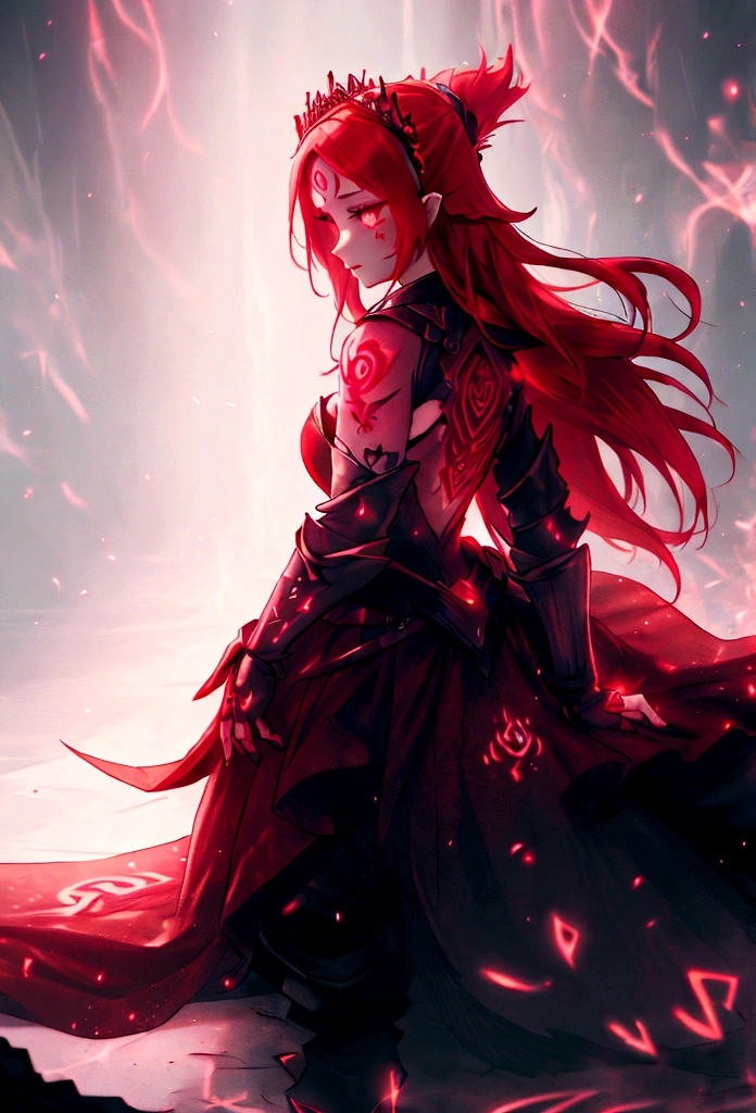 4K high resolution, one female, (((Glowing Tattoos))), long red hair, medieval princess dress and pants, armor, tiara