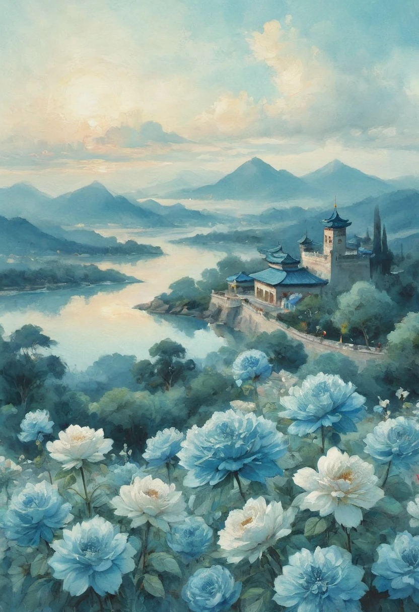 (((masterpiece))), (((Highest quality))), ((Super detailed)), (Highly detailed watercolor illustrations), ((非常にdelicateで美しい)), （overhead shot）,(最高masterpiece:1.4),delicate,８ｋ,Pattern sky blue light blue lines chinese style flowers and plants
