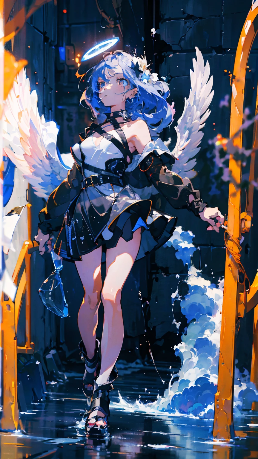 (woman\(A crumbling angel halo is on my head, 18-year-old, Long white hair fluttering, Grey Eyes, She is wearing a black dress, White skin, Sad expression、Wings that are integrated with the smoke grow from the waist.,An ennui look\) Gazing somewhere far away), (Smoke on my body), Beautiful grey sky, Dark atmosphere, A desaturated world shrouded in mist, (There is a pale blue smoke floating around, blowing stars into the air.), There is a fantastically shining moon and white stars in the sky, The background is a fantastical space painted black with acrylic gouache., break ,quality\(8k,非常に精細なCGユニットのwallpaper, masterpiece,High resolution,top-quality,top-quality real texture skin,Surreal,Increase the resolution,RAW Photos,最高quality,Very detailed,wallpaper,Cinema Lighting,Ray-tracing,Golden Ratio\),Long Shot,Overall, it looks ephemeral.,The depiction range is from the waist up,Dark night sky,qualityの高い顔の描写