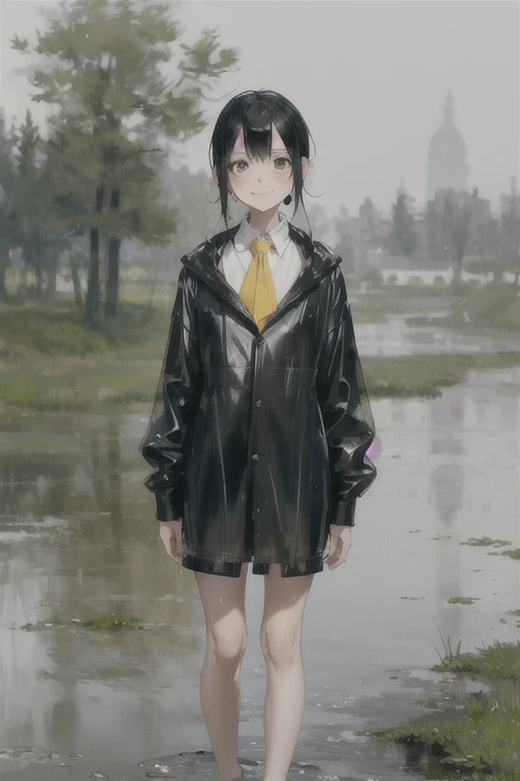 8 year old girl, Solitary, rest， Double tail, Black Hair, Bangs, Long eyelashes, beautiful eyes, full，Yellow and black, c lips, Uniforms，Short skirt，Knee socks, Lando Seru Backpack,(many, Impressionism, painting)、Disheveled、Clothing that fits snugly,Chest contour、(((Wet clothing))(((Ultra-thin clothing))),((Flesh outline)),Grinning