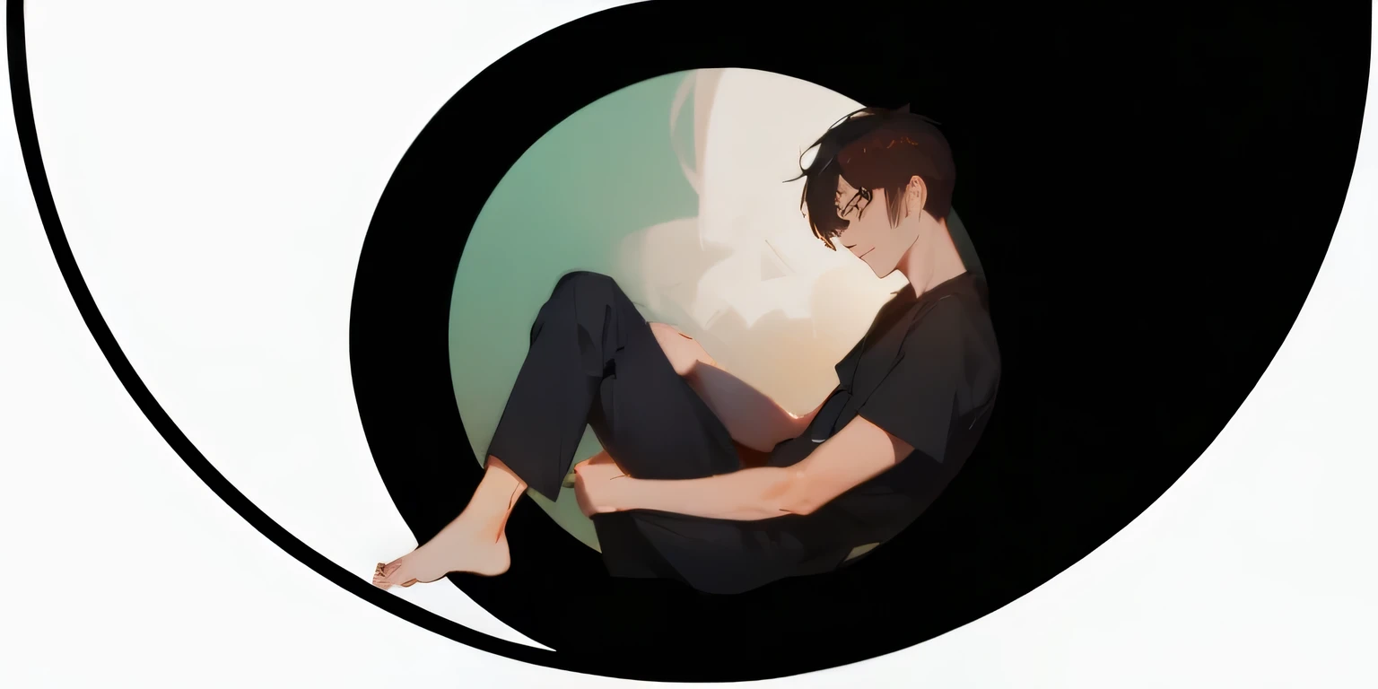 Chinese guy, sitting in circle, asian man, depressed, sad, unhappy,