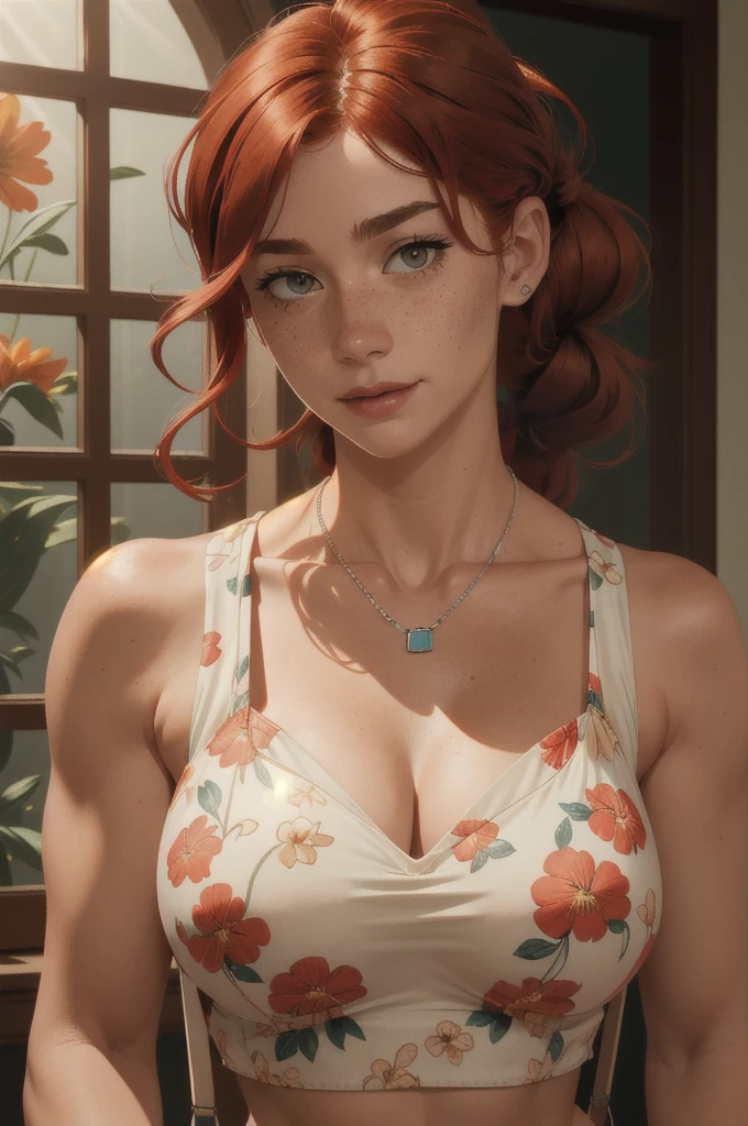 highres, masterpiece, perfect lighting, bloom, cinematic lighting, adult, female, perfect skin, looking at viewer, upper body, collarbone, wavy hair, necklace, suspenders, floral print, ponytail, freckles, red hair, sunlight, center opening, midriff, cleavage, sleeveless