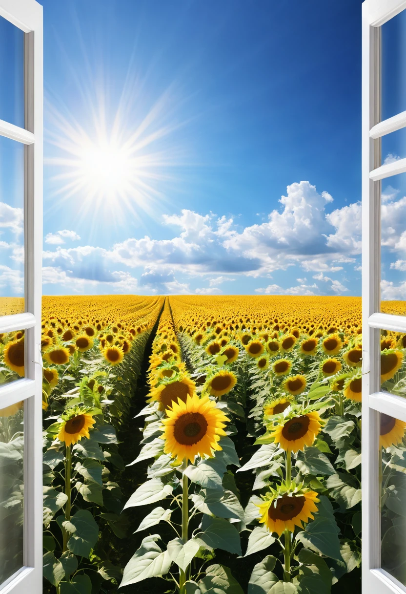 High resolution,8K Ultra HD、Asahi、Large windows、Sunflower fields continue、Blue sky、White Entrance Cloud、Bright sunshine、Sunflowers are shining、Photogenic、France、wallpaper、Photorealism, Ultra-detailed、reality、Low - Angle、
