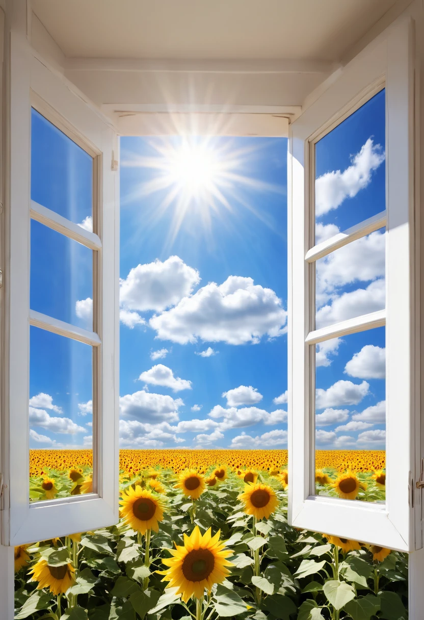 High resolution,8K Ultra HD、Asahi、Large windows、Sunflower fields continue、Blue sky、White Entrance Cloud、Bright sunshine、Sunflowers are shining、Photogenic、France、wallpaper、Photorealism, Ultra-detailed、reality、Low - Angle、