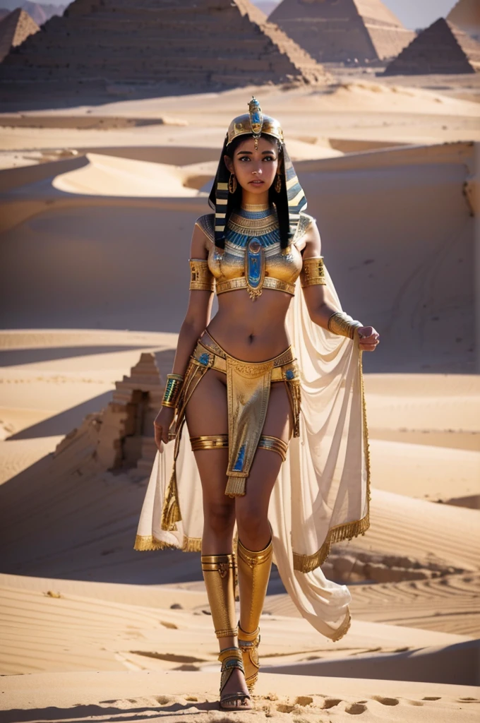 best quality, 8k, very delicate and beautiful, highly detailed face and skin texture, shiny skin, high resolution, beautiful girl in egyptian style costume stand in desert, full body, sharp focus
