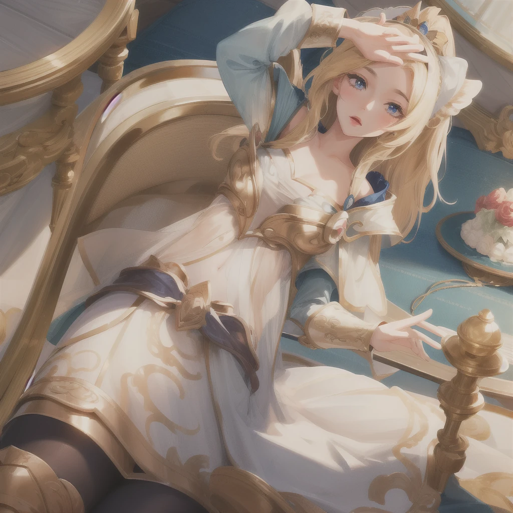 (((best quality, masterpiece, realistic photo, intricate details, raw photo, ultra detailed, art cg))), poor young woman, with poor peasant style gown, ((beautiful blonde hair, perfect detailed and blue eyes)), sitting on floor, begging, pov from top, HD quality, 8K