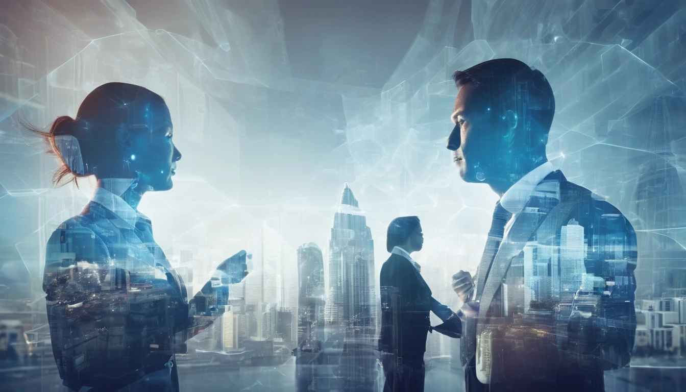Double exposure style, Business People Discussing Ideas with City Background, double image ghost effect, image combination, double exposure style.