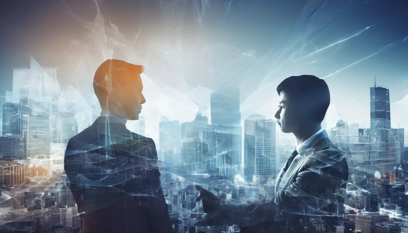Double exposure style, Business People Discussing Ideas with City Background, double image ghost effect, image combination, double exposure style.