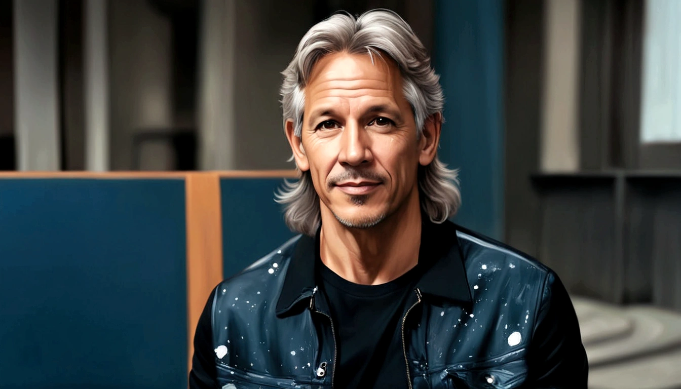 imagem de um homem com uma jaqueta de couro e uma camisa preta, # 1a man called lineker, 50 years old, he has a face similar to Jon Bom Jovi, he has light hair, brown eyes, black blouse, black pants, black sneakers, lying on the sofa in his house pintura digital de todos os tempos, #1 pintura digital de todos os tempos, hyperrealistic illustration, realistic digital illustration, Admirador de arte, pintura digital realista, inspirado em Quirijn van Brekelenkam, Martin then portrait of artwork, retrato de arte digital, in digital illustration style