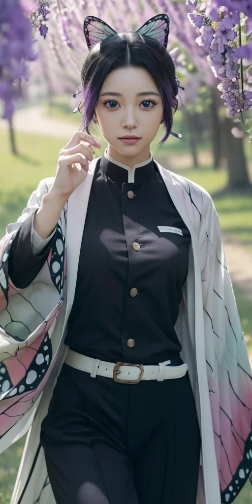 shinobukochou, shinobu kochou, animal print, black hair, butterfly, butterfly hair ornament, butterfly print, forehead, gradient hair, hair ornament, haori, multicolored hair, parted bangs, purple hair, short hair, two-tone hair,
BREAK belt, black pants, butterfly print, coat, demon slayer uniform, haori, japanese clothes, pants, uniform,
BREAK looking at viewer,
BREAK city,
BREAK (masterpiece:1.2), best quality, high resolution, unity 8k wallpaper, (illustration:0.8), (beautiful detailed eyes:1.6), extremely detailed face, perfect lighting, extremely detailed CG, (perfect hands, perfect anatomy),