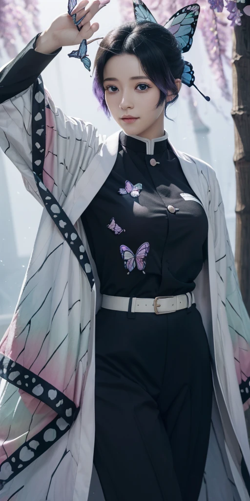 shinobukochou, shinobu kochou, animal print, black hair, butterfly, butterfly hair ornament, butterfly print, forehead, gradient hair, hair ornament, haori, multicolored hair, parted bangs, purple hair, short hair, two-tone hair,
BREAK belt, black pants, butterfly print, coat, demon slayer uniform, haori, japanese clothes, pants, uniform,
BREAK looking at viewer,
BREAK city,
BREAK (masterpiece:1.2), best quality, high resolution, unity 8k wallpaper, (illustration:0.8), (beautiful detailed eyes:1.6), extremely detailed face, perfect lighting, extremely detailed CG, (perfect hands, perfect anatomy),