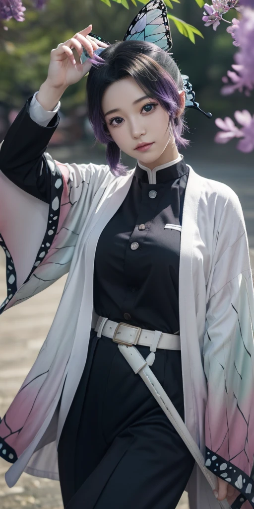 shinobukochou, shinobu kochou, animal print, black hair, butterfly, butterfly hair ornament, butterfly print, forehead, gradient hair, hair ornament, haori, multicolored hair, parted bangs, purple hair, short hair, two-tone hair,
BREAK belt, black pants, butterfly print, coat, demon slayer uniform, haori, japanese clothes, pants, uniform,
BREAK looking at viewer,
BREAK city,
BREAK (masterpiece:1.2), best quality, high resolution, unity 8k wallpaper, (illustration:0.8), (beautiful detailed eyes:1.6), extremely detailed face, perfect lighting, extremely detailed CG, (perfect hands, perfect anatomy),