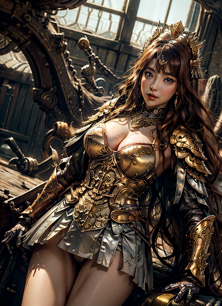 (surrealistic), (hight resolution), (8K), (ighly detailed), (beatiful detailed eyes), (top-quality), (ultra-detailliert)、intricate detailes、
1girl in、fullbody image、(Goddess of battle、Powerful beauty、hali々and has)、perfectly proportions、big eye:1.5、Pretty eyes、Bewitching、Sexy Woman、Big Tits、big breasts thin waist、nabel、Crotch gap、thighs thighs thighs thighs、Beautiful face、A detailed face、Perfect figure:1.4、(shinny skin), (cleavage of the breast)、length hair、the wind、Red BRA、 long ugly hair, (Brown hair:1.3)、Look at viewers, Wearing complex red super armor、Clear focus:1.2、Lightning Effect、Ultra-detailed large crown adorned with jewels:1.2)、Colossal 、oppai、Translucent sexy underwear、I see the purple flag、Gemstones with intricate details、(Ultra-detailed yellow armor adorned with jewels:1.3)、diffuse lighting、Valhalla Valkyrie、(Realistic lighting)、Light up your face、Lights from the front、Shine a light on your face、red, blue colored