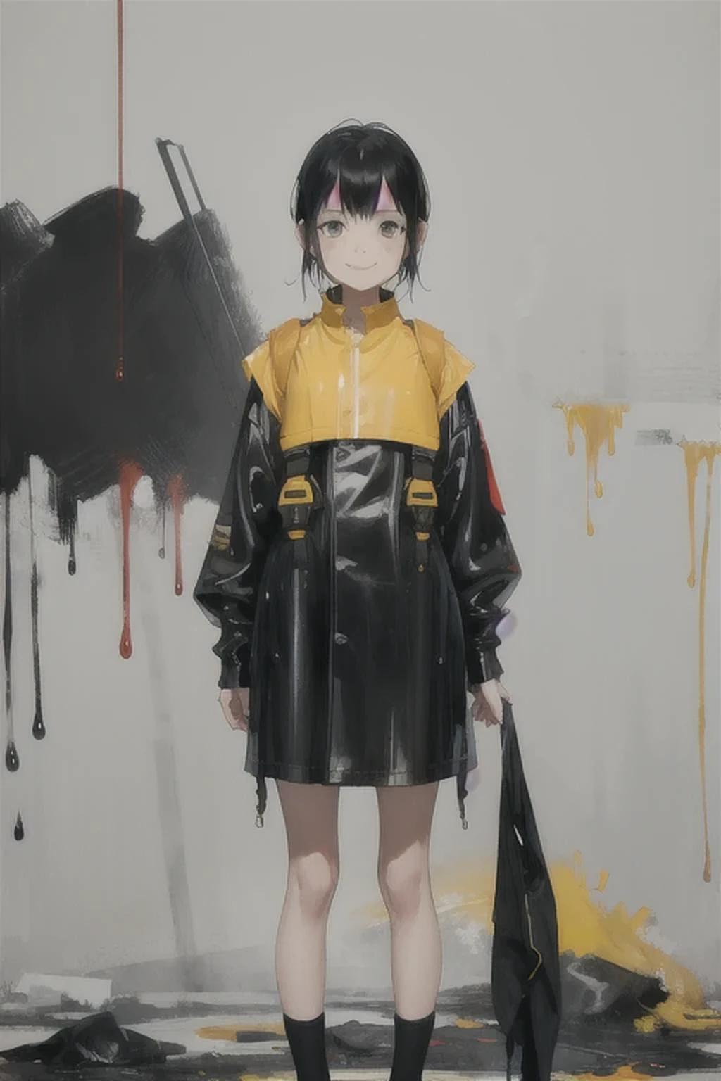 8 girl, Solitary, rest, Double tail, Black Hair, Bangs, Long eyelashes, beautiful eyes, full,Yellow and black, c lips, Uniforms,Short skirt,Knee socks, Lando Seru Backpack,(many, Impressionism, painting)、Disheveled、Clothing that fits snugly,Chest contour、(((Wet clothing))(((Ultra-thin clothing))),((Flesh outline)),Grinning
