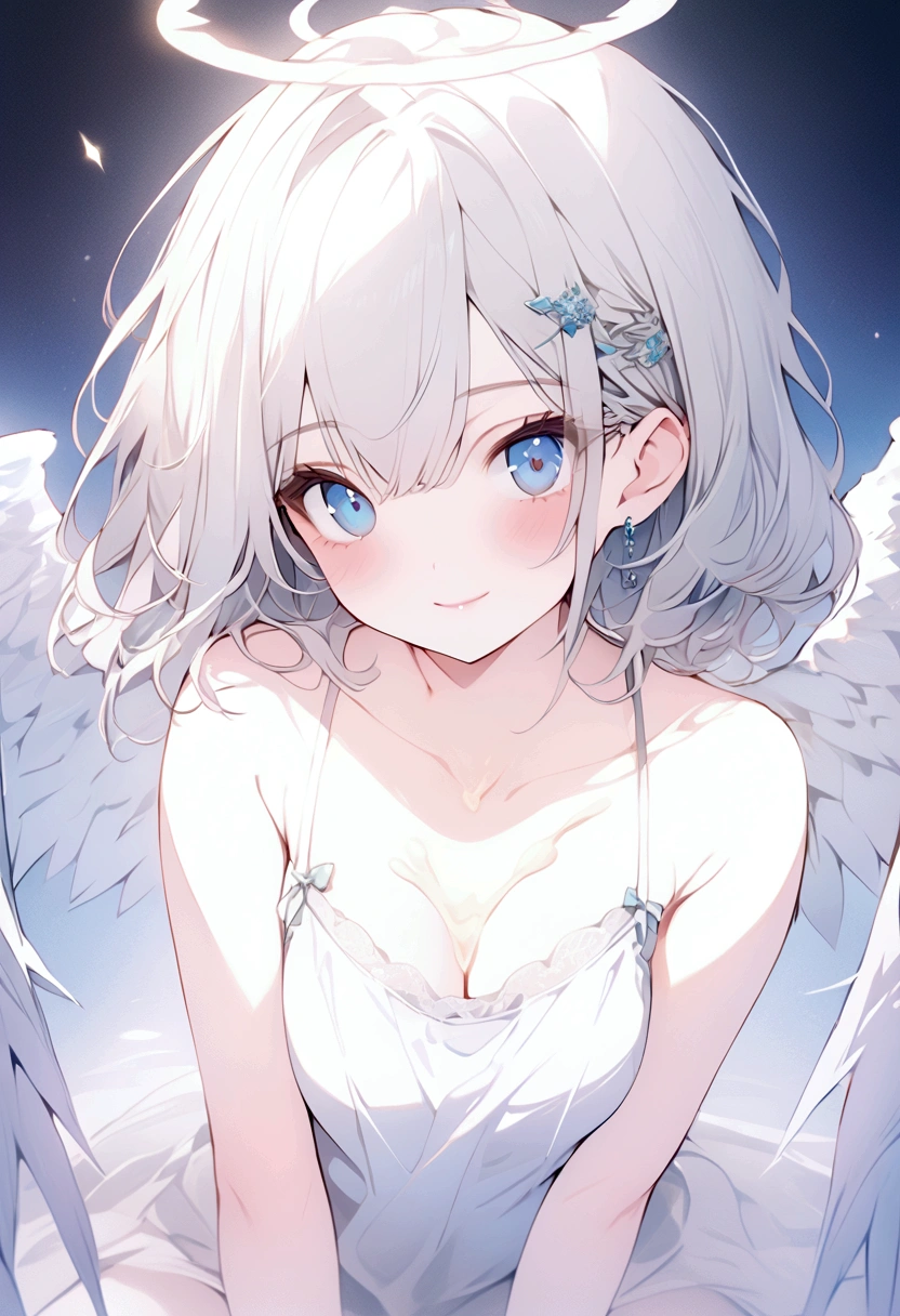 beautiful, masterpiece, Highest quality, anime, One girl, C Cup,Portrait Shot, View your viewers, Intricate details,>,((Covered、Short Hair、nearby、Blue Eyes、art、、White hair,Blue streaked hair、wallpaper、、white_gloves、hairpin、smile、Angel、Thighs、Halo、Wolf Hair、、lotion、Lying on your back、foot、camisole