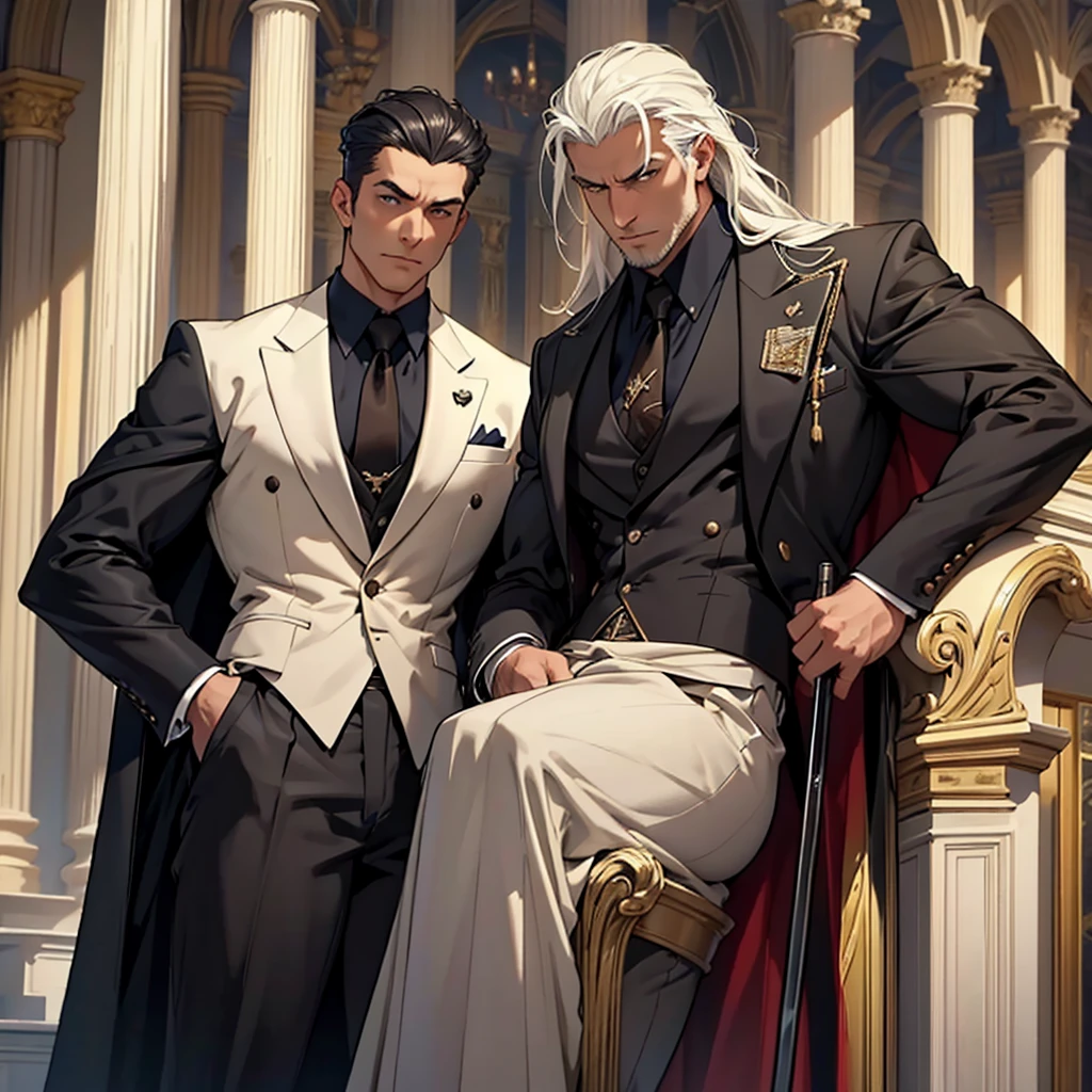 Big body, Man
1. Attire.
- The figure is wearing a white double-breasted suit with a dark tie and a vest underneath. The suit is adorned with several buttons, and the overall appearance is very sharp and formal.
- Over the suit, the figure has a large, dark fur-trimmed cape draped over the shoulders, adding a sense of grandeur and authority to the appearance.
- The figure's right arm is holding a cane or a staff, indicating a possible sense of authority or power.
2. Pose.
- The figure stands confidently with the left arm slightly bent and the hand resting on the hip, while the right arm holds the cane firmly.
- The posture is upright and commanding, suggesting confidence and control.
3. Face and Head.
- The head and face of the figure are not visible; they are shrouded in darkness or simply not drawn, which adds an element of mystery to the character.
4. Details.
- The fur trim on the cape is detailed and appears luxurious, indicating high status or wealth.
- The suit is well-fitted and meticulously designed, reinforcing the impression of a powerful and wealthy individual.
5. Body.
- Big body, a mobster Man
6. Place
- In the kingdom of darkness