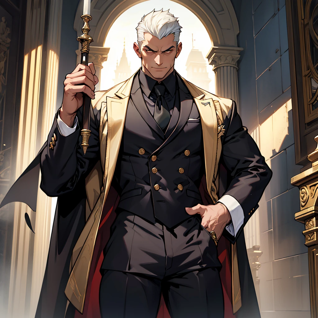Big body, Man

1. Attire.
   - The figure is wearing a white double-breasted suit with a dark tie and a vest underneath. The suit is adorned with several buttons, and the overall appearance is very sharp and formal.
   - Over the suit, the figure has a large, dark fur-trimmed cape draped over the shoulders, adding a sense of grandeur and authority to the appearance.
   - The figure's right arm is holding a cane or a staff, indicating a possible sense of authority or power.

2. Pose.
   - The figure stands confidently with the left arm slightly bent and the hand resting on the hip, while the right arm holds the cane firmly.
   - The posture is upright and commanding, suggesting confidence and control.

3. Face and Head.
   - The head and face of the figure are not visible; they are shrouded in darkness or simply not drawn, which adds an element of mystery to the character.

4. Details.
   - The fur trim on the cape is detailed and appears luxurious, indicating high status or wealth.
   - The suit is well-fitted and meticulously designed, reinforcing the impression of a powerful and wealthy individual.

5. Body.
   - Big body, a mobster Man

6. Place
   - In the kingdom of darkness 