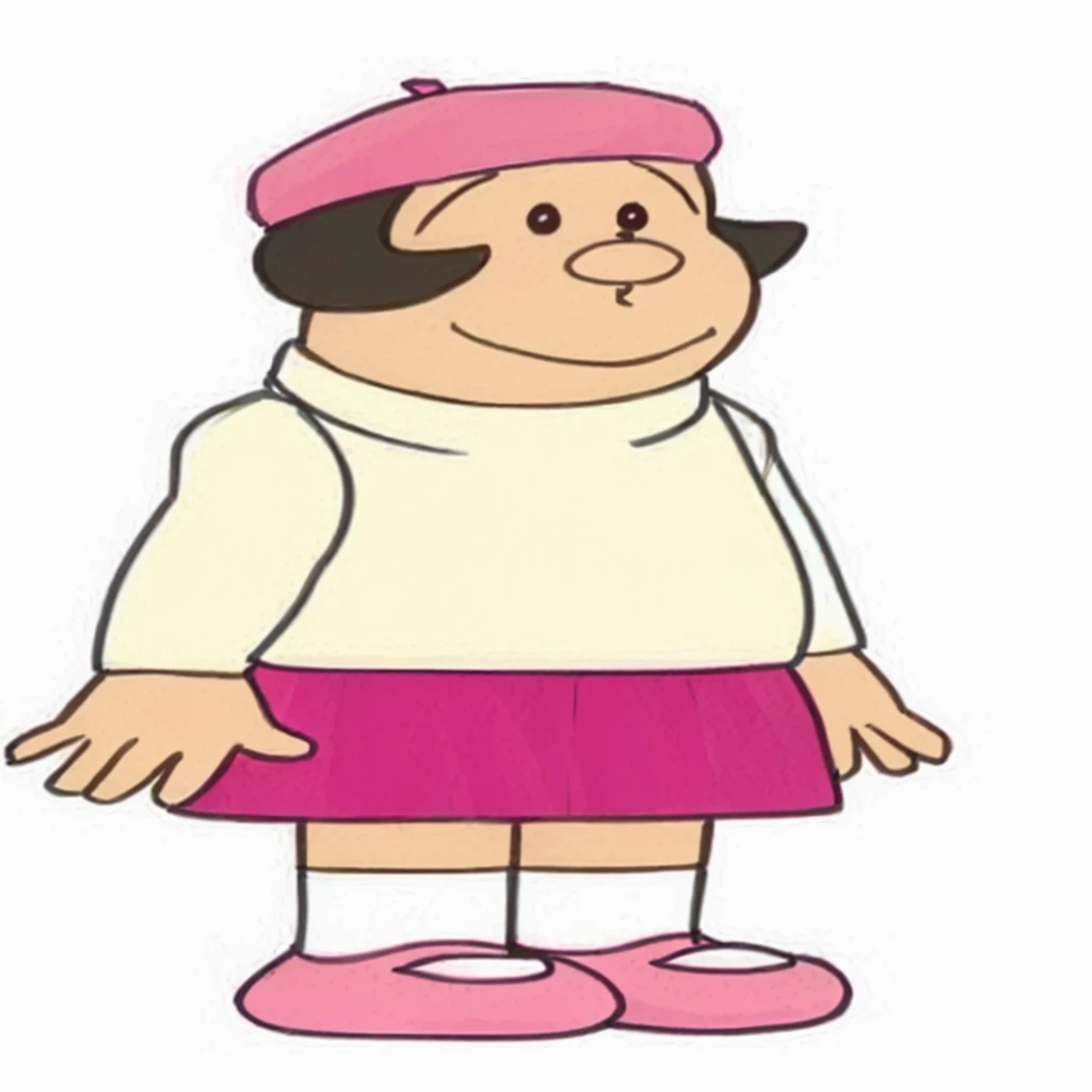 cartoon girl in pink skirt and white shirt with pink hat,