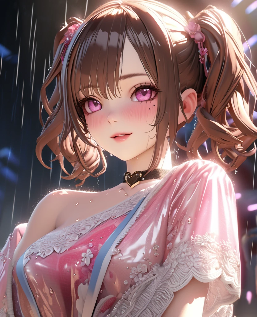 one girl, staring at the audience, beautiful pink eyes, brown hair in short twin tails, mole under eye, plump glossy lips, heart shaped choker, idol, her name is Mei, smiling, . . . 3D, realistic, idol's costume was drenched in heavy rain, her chest was wet and see-through, heavy rain at outdoor concert, draped clothes, jewelry and decorations removed, floral patterns, lace trim, glittering on stage, masterpiece, best quality, 8k, detailed skin texture, detailed fabric texture, beautifully detailed face, intricate details, highly detailed, ultra high resolution, 8k Ultra HD, film grain, best shadows, delicate, staring at the audience, front