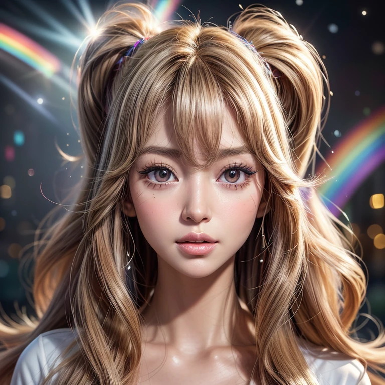 NSFW, 8k, High-level, absurd, masterpiece, best quality, primitive, very detailed CG, very detailed wallpaper, perfect lighting, Extremely detailed ((( personifying " Farrah Fawcett Majors " as a Little Girl))), MysticSight, Tyndall effect, Tyndall scattering, (Studio gray background with (Overflowing oodles Dazzling RainbowColorParticles (BokeH))), (RoundlyButts, ThighGap), (Exposed:0.4), (Assfocus with looking ahead) BREAK (Acutance:0.88), (NOGIZAKA face variations) Extremely Detailed very KAWAII face variations, perfect anatomy, Childish, CaptivatingGaze ElaboratePupils detailed Eyes with (sparkling highlights:1.28), (Voluminous LongEyelashes、GlossyRED Lips with beautiful details, RosyCheeks, Radiant PearlSkin with Transparency . { (Dynamic LifeLike expressions:1.4) | :d) }, (large eyes:-1) .
