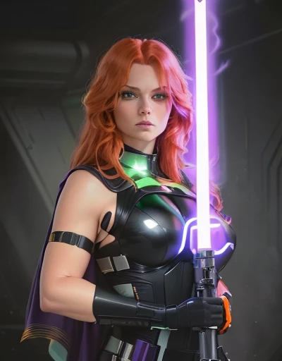 (best quality,8k:1.2,high resolution:1.2), dramatic pose, dynamic action, glowing lights, neon colors, cinematic lighting, photorealistic, 8k, best quality, masterpiece, ultra-detailed, physically-based rendering, ultra-detailed, vintage science fiction, Star Wars based environment, extremely detailed face, long eyelashes, a upper body shot of a woman (Mara Jade), long orange hair, bright green eyes, a determined look, smirking and stoic gaze. She's wearing a tight shiny black leather suit, tan cape, gloves, silver utility belt and high-heel boots. Her gaze is both alluring and fierce, as she holds the purple lightsaber with a delicate yet deadly grip.
