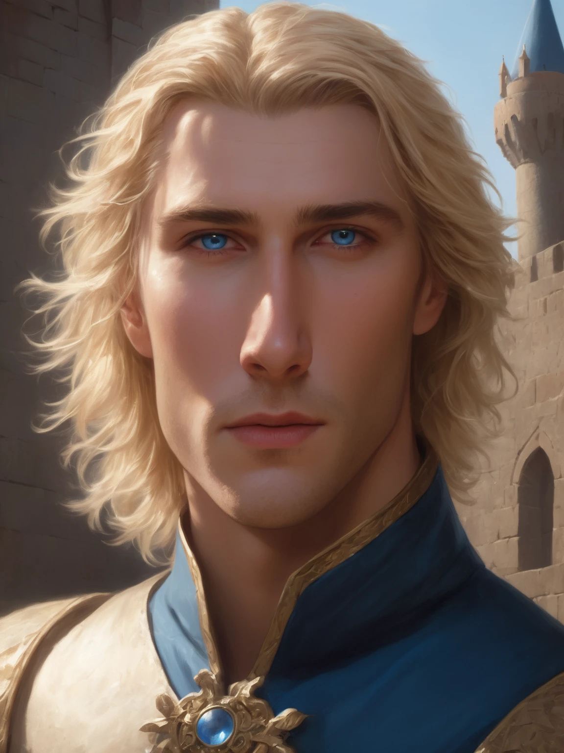 ((best quality),(masterpiece),(detailed),perfect face,a man with blond hair and blue eyes, castle behind,beautiful,(cinematic),(dramatic lighting),(digital painting),(photorealistic),(ultra-realistic),(hyper detailed),(epic),(fantasy),(cinematic composition),(heroic pose),(dramatic), (perfect eyes)