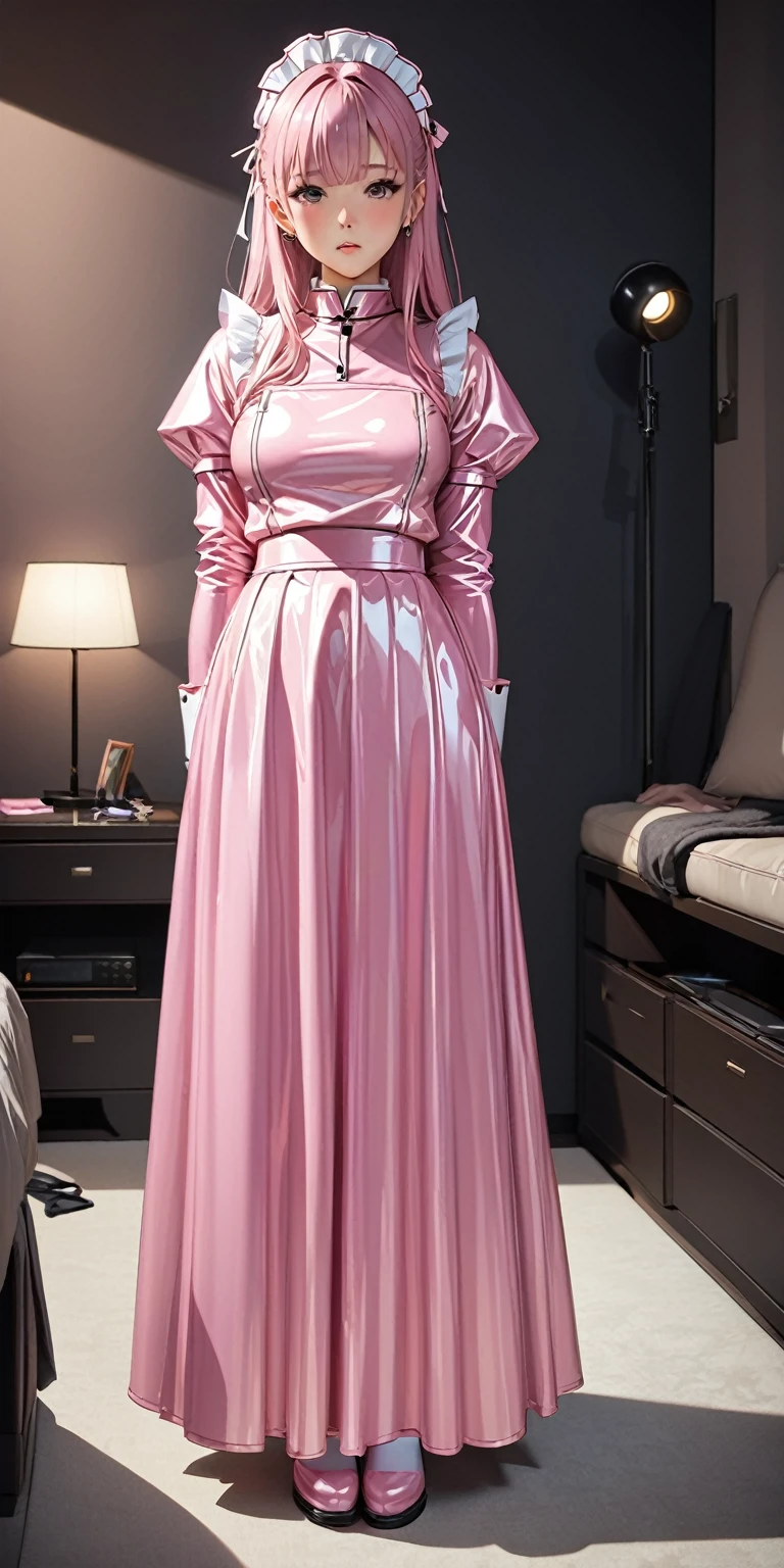 (masterpiece,Highest quality,超A high resolution),Japanese women, (((Very beautiful 25 year old girl))),(Light pink latex maid outfit)、(Light pink latex long skirt)、(Light pink latex long sleeve shirt)、light pink latex long gloves、Light pink latex socks、The clothes fit snugly to the body、Latex is very shiny、Dark Room
