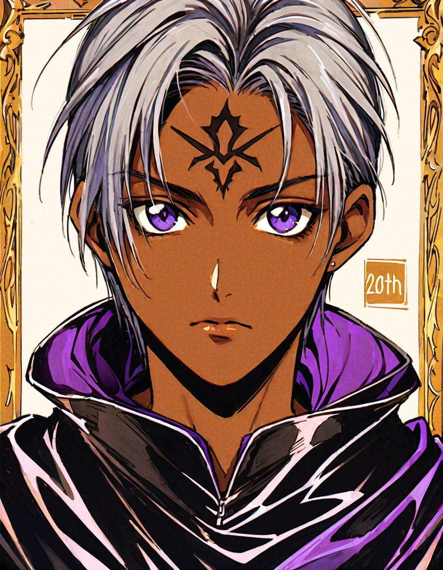 ((Highest quality)), ((masterpiece)), (((White Background))),male,(20th Generation),(Fantasy Costume),(youth),Character portrait,Gray Hair,((Front view)),(Character details),Purple Eyes,Brown skin,Eyes on the forehead,alone,Are standing,Black Armor