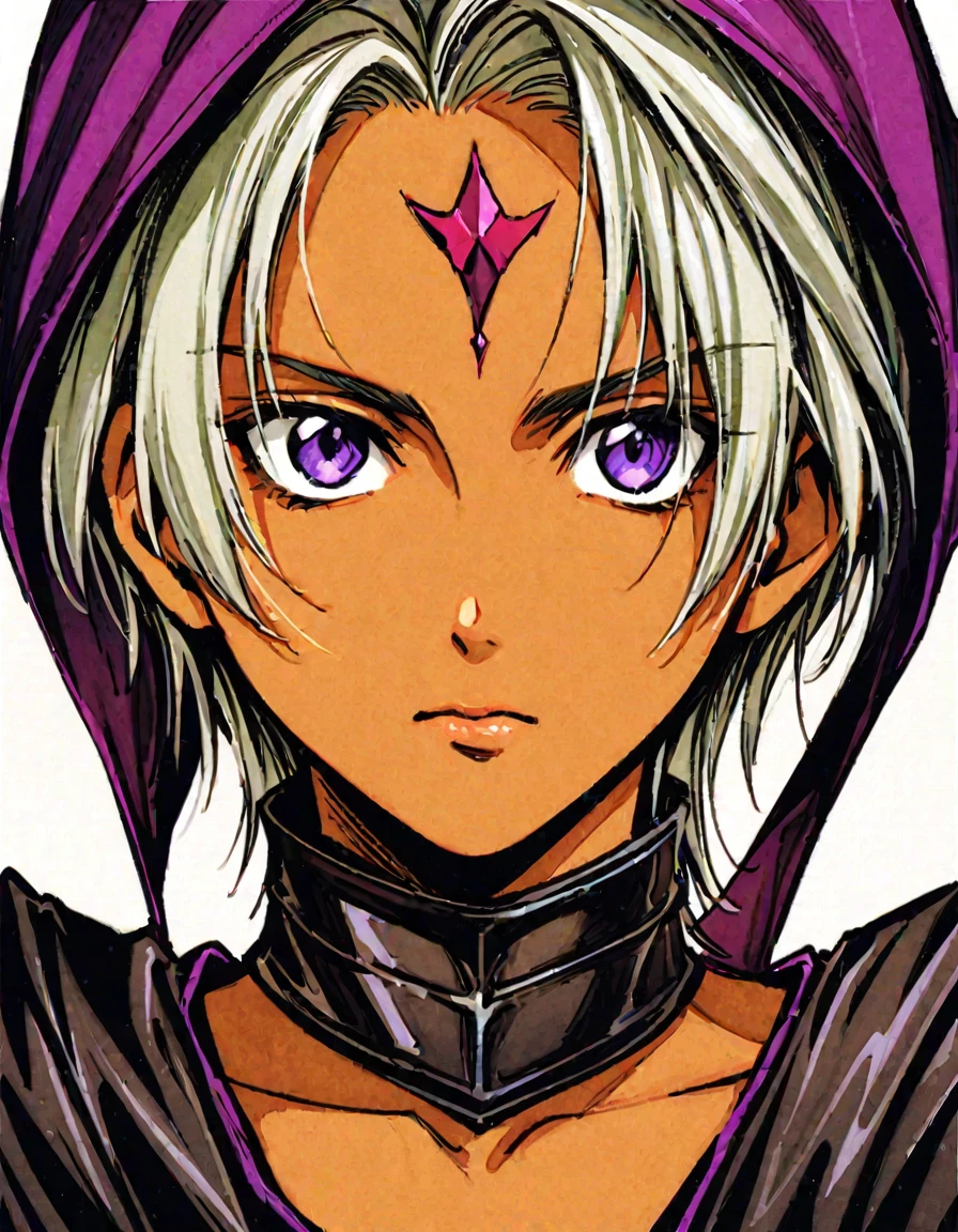 ((Highest quality)), ((masterpiece)), (((White Background))),male,(20th Generation),(Fantasy Costume),(youth),Character portrait,Gray Hair,((Front view)),(Character details),Purple Eyes,Brown skin,Eyes on the forehead,alone,Are standing,Black Armor