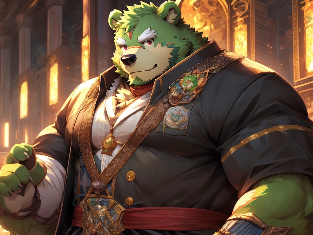 masterpiece, high quality, anime, detailed eyes, male jinpei, anthro, bear, Great physique, strong arms manly, (((green bear))), (((green fur))), green hair, beard, white eyebrows, bald, detailed red eyes, tall, Joyful, by zixiong, epic composition, Realistic lighting, HD details, Best Quality, (extremely detailed CG unified 8k wallpaper), (masterpiece:1.2), (best quality:1.3), sanrio collab, sanrio characters inspired, sanrio character outfit inspired, eagle eye shot, card game CG,