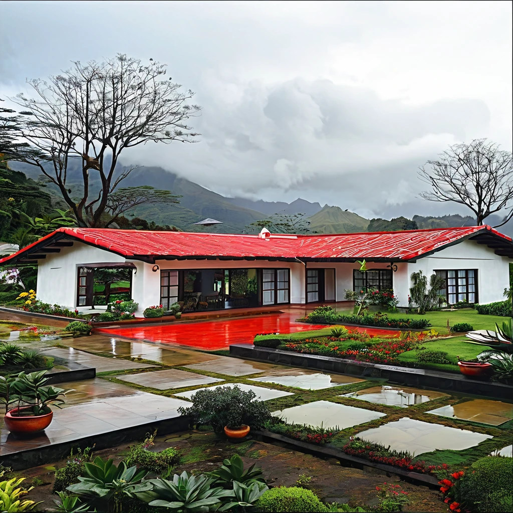 there is a small white house with a red roof and a garden, outside view, on a cloudy day, beatiful house, integrated in the mountains, exterior view, colonial house in background, ( visually stunning, by Randy Post, neo - andean architecture, neo-andean architecture, cottage, amidst of nature fully covered, outstanding detail, frontview