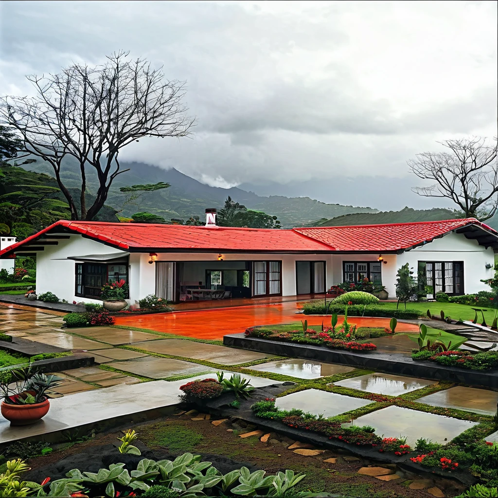 there is a small white house with a red roof and a garden, outside view, on a cloudy day, beatiful house, integrated in the mountains, exterior view, colonial house in background, ( visually stunning, by Randy Post, neo - andean architecture, neo-andean architecture, cottage, amidst of nature fully covered, outstanding detail, frontview