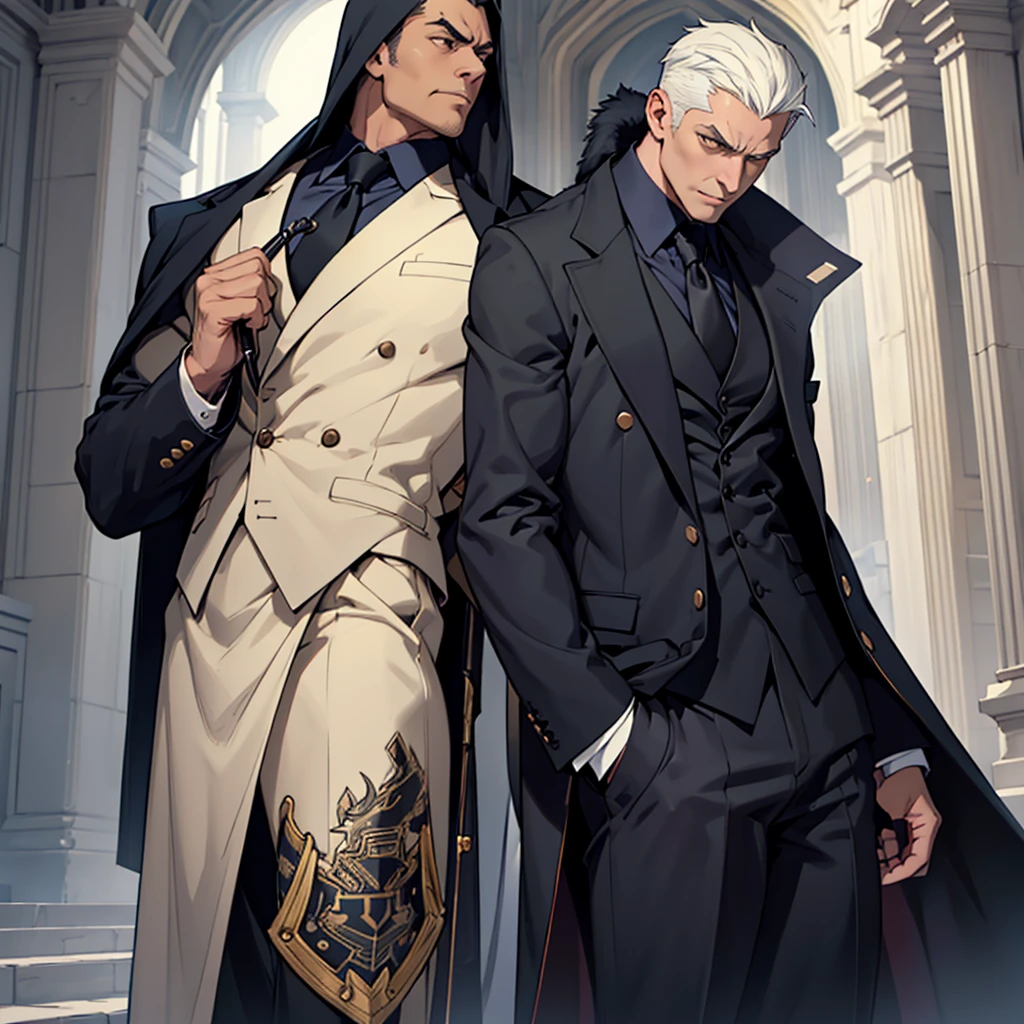 Big body, Man

1. Attire.
   - The figure is wearing a white double-breasted suit with a dark tie and a vest underneath. The suit is adorned with several buttons, and the overall appearance is very sharp and formal.
   - Over the suit, the figure has a large, dark fur-trimmed cape draped over the shoulders, adding a sense of grandeur and authority to the appearance.
   - The figure's right arm is holding a cane or a staff, indicating a possible sense of authority or power.

2. Pose.
   - The figure stands confidently with the left arm slightly bent and the hand resting on the hip, while the right arm holds the cane firmly.
   - The posture is upright and commanding, suggesting confidence and control.

3. Face and Head.
   - The head and face of the figure are not visible; they are shrouded in darkness or simply not drawn, which adds an element of mystery to the character.

4. Details.
   - The fur trim on the cape is detailed and appears luxurious, indicating high status or wealth.
   - The suit is well-fitted and meticulously designed, reinforcing the impression of a powerful and wealthy individual.

5. Body.
   - Big body, a mobster Man

6. Place
   - In the kingdom of darkness 