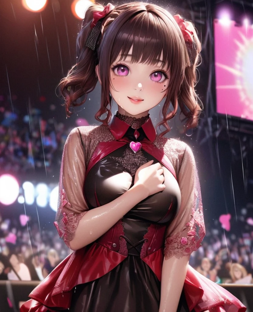 One Girl、Looking at the audience、lovely,
Beautiful pink eyes、short twin tail hair , Mole under the eye、Plump and glossy lips、Heart-shaped choca、Idol、Her name is Rico,smile、ー、。.。.。.。.。.。.。.。.。.。.。.。.。.。.。.。.。.。.3D、Realistic、
The idol's costume was soaked in the heavy rain, and her chest was wet and transparent.Heavy rain at outdoor concert, Drape clothes、gem、The decoration has been removed、Floral、Lace trim,On a glittering stage、
masterpiece、highest quality、8k、Detailed skin texture、Detailed cloth texture、Beautifully detailed face、Intricate details、Very detailed、
超A high resolution、8k Ultra HD、Film Grain、Best Shadow、delicate、Gazing at the audience、front