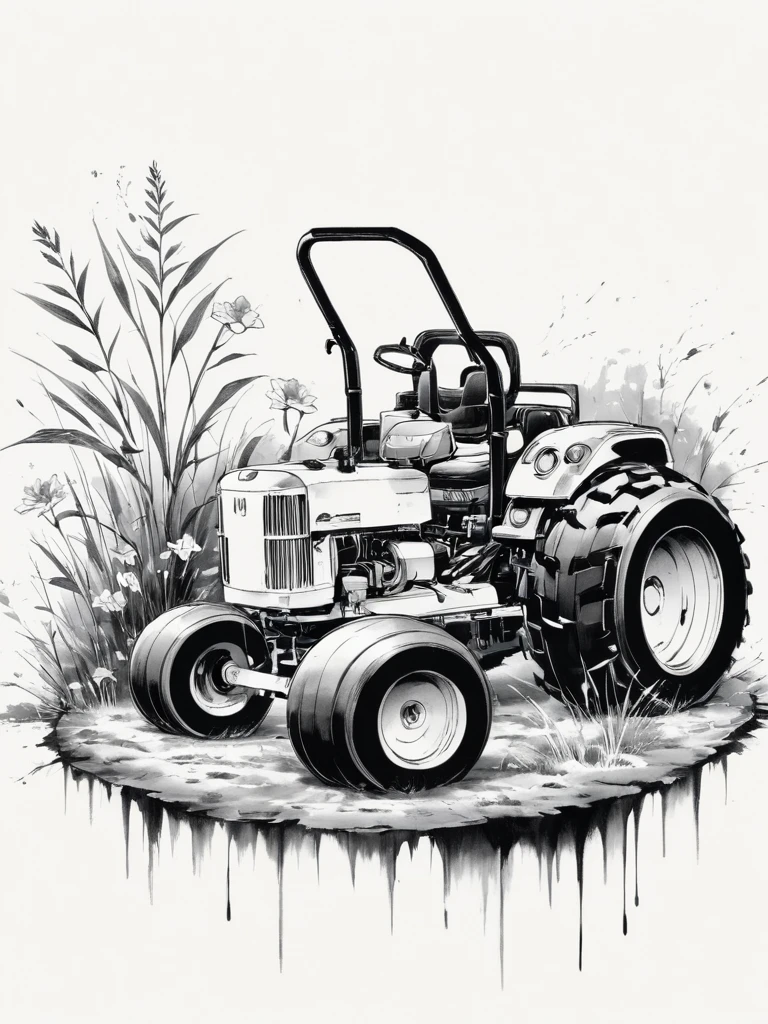 (アニメLine art:1.5),(Black and White:1.45),Minimalism,(Line art:1.6),sketch,charcoal drawing,black mower,flower,Ominous Red,Blood splatter