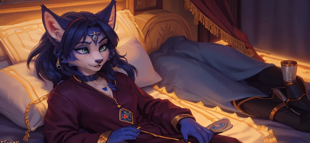 A beautiful and detailed (sweet portrait) von ((Krystal)), Sternenfuchs Krystal, Schlank, liebenswert, green eyes, medium breasts, (((Lange blaue Haare 1.3))), ((schwarze haarspitzen)), Dekollete, Grinsen, hoch schauen,, anthro, Pelzig, Hochgeladen E621, detailed flauschige fur, (von Fluff-Kevlar, Bayard Wu, Personalami, Pino Daeni), detailliertes Gesicht, (flauschige), 1 girl, Allein, Stammes-Kleidung, sweet girl, solo, wears a mages robe