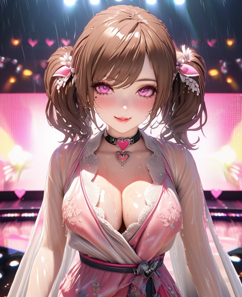 one girl, staring at the audience, beautiful pink eyes, brown hair in short twin tails, mole under eye, plump glossy lips, heart shaped choker, idol, her name is Mei, smiling, . . . 3D, realistic, idol's costume was drenched in heavy rain, her chest was wet and see-through, heavy rain at outdoor concert, draped clothes, jewelry and decorations removed, floral patterns, lace trim, glittering on stage, masterpiece, best quality, 8k, detailed skin texture, detailed fabric texture, beautifully detailed face, intricate details, highly detailed, ultra high resolution, 8k Ultra HD, film grain, best shadows, delicate, staring at the audience, front