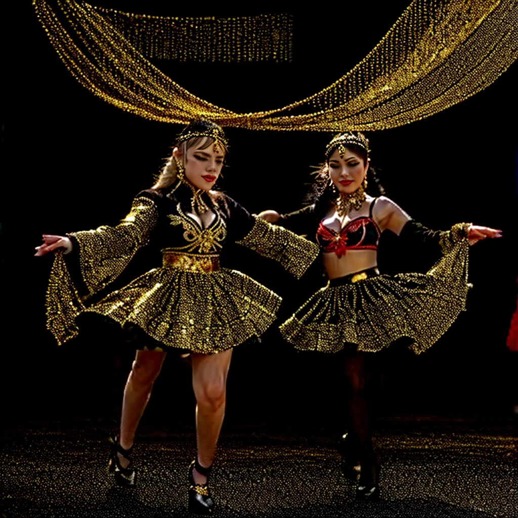 A beautiful girl dancing, traditional dance. She wears an elaborate traditional costume: black jacket decorated with sequins and flower designs with gold glitter, (black and red petticoat) red skirt with gold decorations. Elegant long black gloves. black shoes. seductive body, blonde, blue eyes. Women in costumes dance in front of a crowd. beautiful costume, traditional costume, folkloric, traditional clothing, luxuriously dressed, still style, elaborately dressed, dancers.