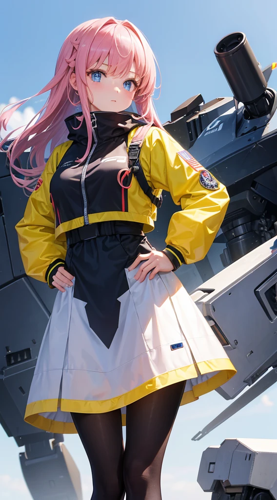 A girl in a tights with a mecha behind her。A girl in a tights standing in front of a mech。Close-up of girl's upper body,The background is a mecha。Girl standing in front of the mecha