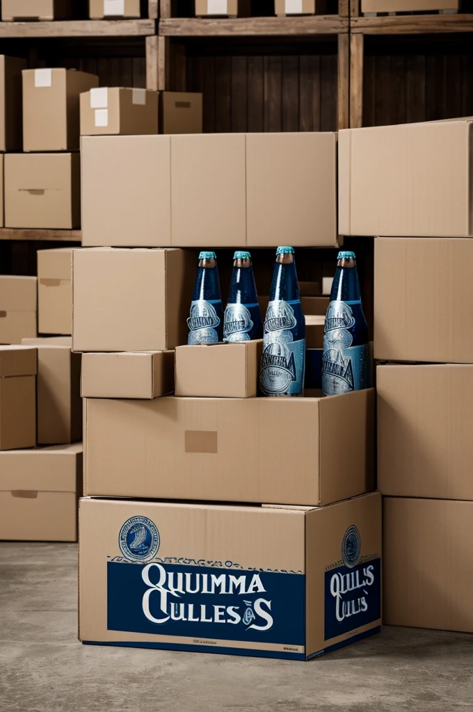 Crea una imagen llena de cajas de cerveza Quilmes o Brahma tomada desde afuera que se vea la reja, like the boxes are prisoners