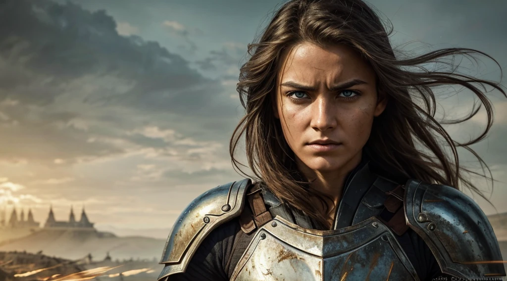 The protagonist, a fearless warrior, stands in a dominant posture, her unwavering gaze piercing through the camera lens. In this breathtaking painting, she exudes strength and determination, with muscles taut and hair flowing in the wind. His gleaming armor is battle-worn, but it shines in the sunlight, reflecting the scars of countless victories. The detailed brushstrokes capture every nuance of her expression, from the steely determination in her eyes to the resolute set of her jaw. This stunning portrait immerses viewers in the protagonist's unwavering determination, showing the essence of a true hero.