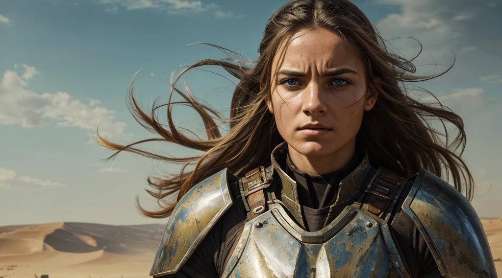 The protagonist, a fearless warrior, stands in a dominant posture, her unwavering gaze piercing through the camera lens. In this breathtaking painting, she exudes strength and determination, with muscles taut and hair flowing in the wind. His gleaming armor is battle-worn, but it shines in the sunlight, reflecting the scars of countless victories. The detailed brushstrokes capture every nuance of her expression, from the steely determination in her eyes to the resolute set of her jaw. This stunning portrait immerses viewers in the protagonist's unwavering determination, showing the essence of a true hero.